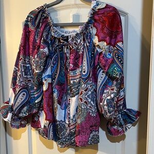 Vibrant Paisley Blouse with Elastic Neckline